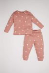 Girls' Heart Print Long Sleeve Waffle Pajama Set with Elastic Waist Pants