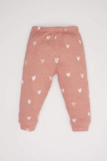 Girls' Heart Print Long Sleeve Waffle Pajama Set with Elastic Waist Pants