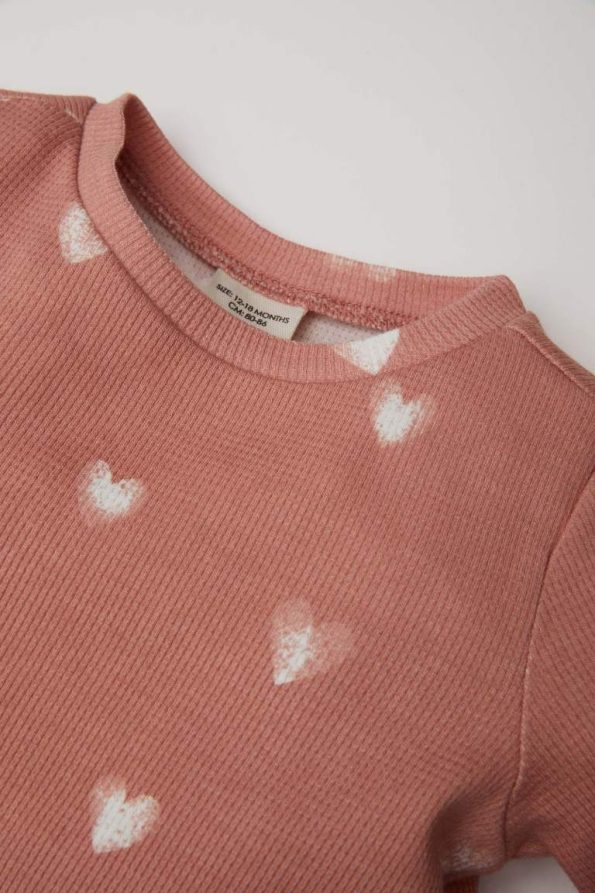 Girls' Heart Print Long Sleeve Waffle Pajama Set with Elastic Waist Pants