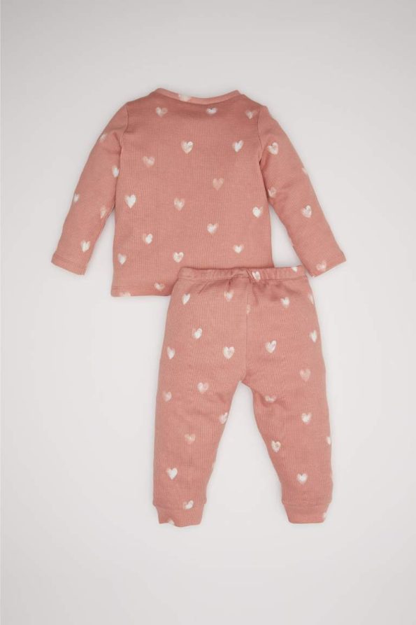 Girls' Heart Print Long Sleeve Waffle Pajama Set with Elastic Waist Pants