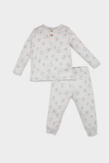 Boys' Bear Print Long Sleeve Pajama Set with Elastic Waist Pants
