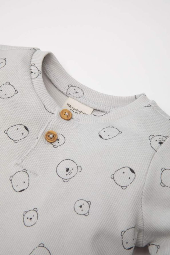 Boys' Bear Print Long Sleeve Pajama Set with Elastic Waist Pants