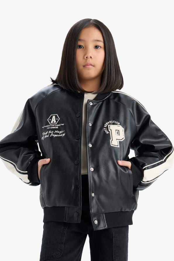 Girls' Water-Resistant College Collar Bomber Jacket