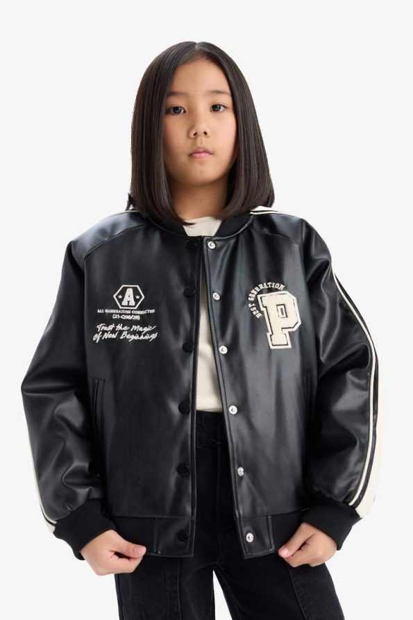 Girls' Water-Resistant College Collar Bomber Jacket