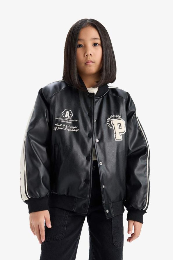 Girls' Water-Resistant College Collar Bomber Jacket