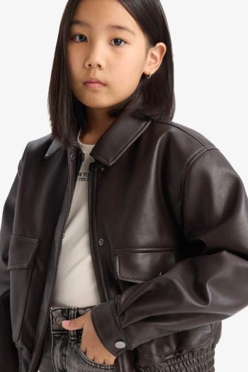 Girls' Water-Resistant Zippered Faux Leather Jacket with Dual Pockets