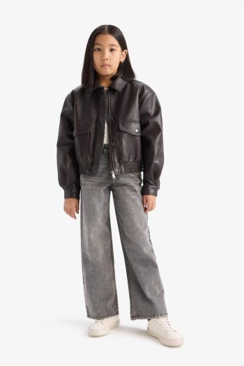 Girls' Water-Resistant Zippered Faux Leather Jacket with Dual Pockets