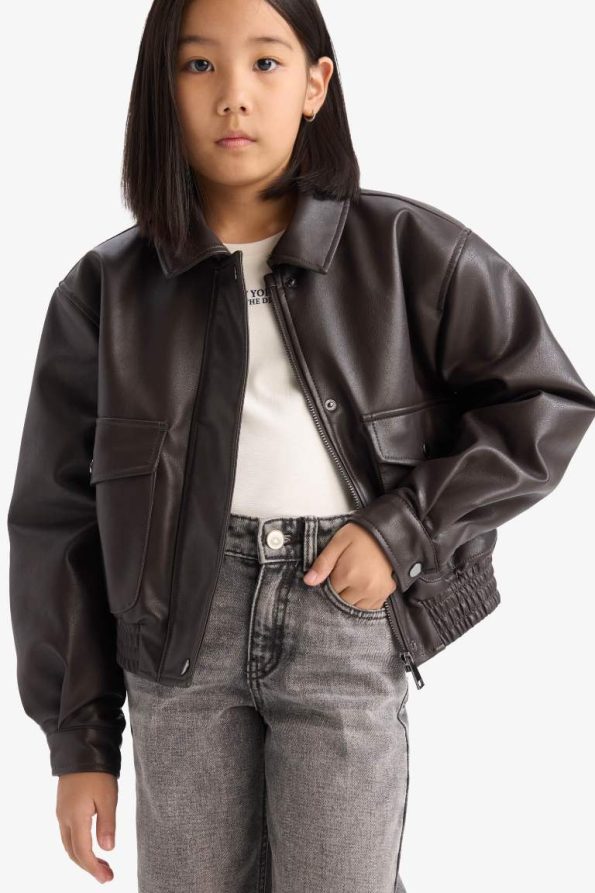 Girls' Water-Resistant Zippered Faux Leather Jacket with Dual Pockets