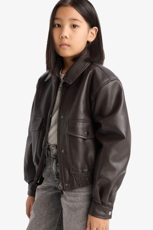 Girls' Water-Resistant Zippered Faux Leather Jacket with Dual Pockets