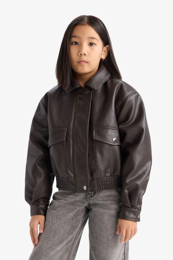 Girls' Water-Resistant Zippered Faux Leather Jacket with Dual Pockets
