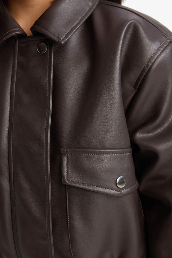 Girls' Water-Resistant Zippered Faux Leather Jacket with Dual Pockets