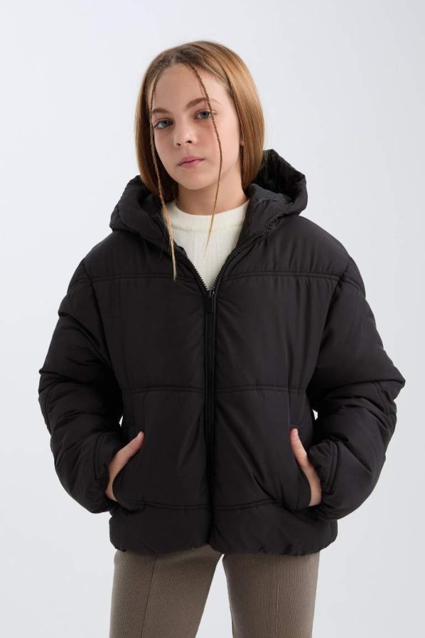 Girls' Water-Resistant Hooded Zippered Puffer Jacket with Pockets
