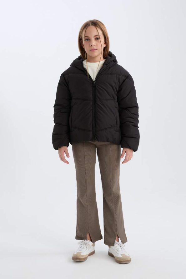 Girls' Water-Resistant Hooded Zippered Puffer Jacket with Pockets
