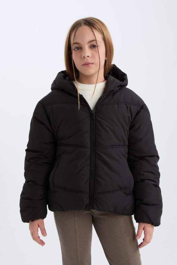 Girls' Water-Resistant Hooded Zippered Puffer Jacket with Pockets