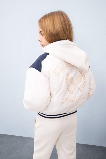 Girls' Water-Resistant Puffer Bomber Jacket with Hood and Embroidered Pockets