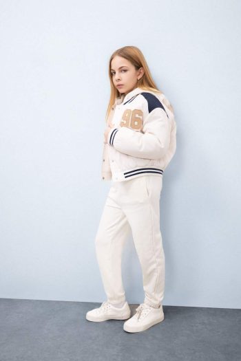 Girls' Water-Resistant Puffer Bomber Jacket with Hood and Embroidered Pockets