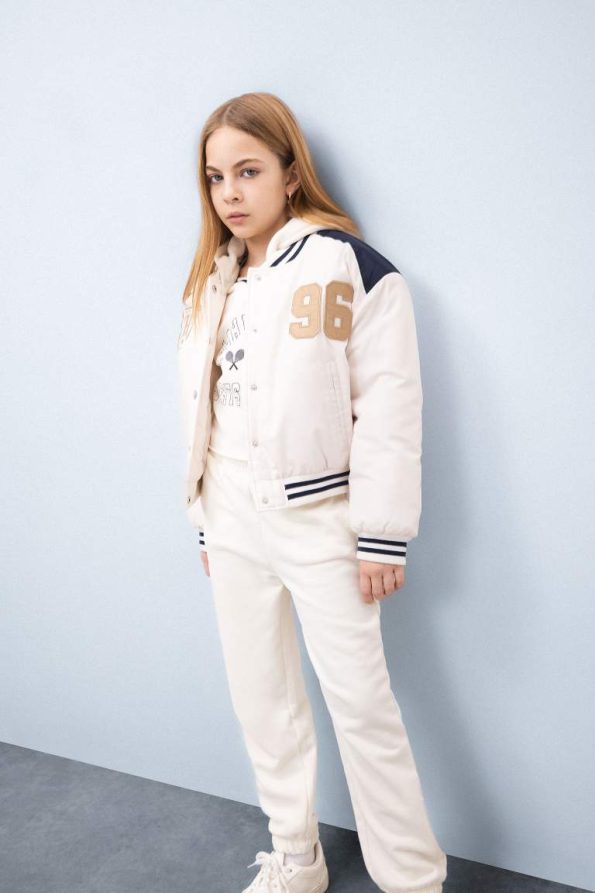Girls' Water-Resistant Puffer Bomber Jacket with Hood and Embroidered Pockets
