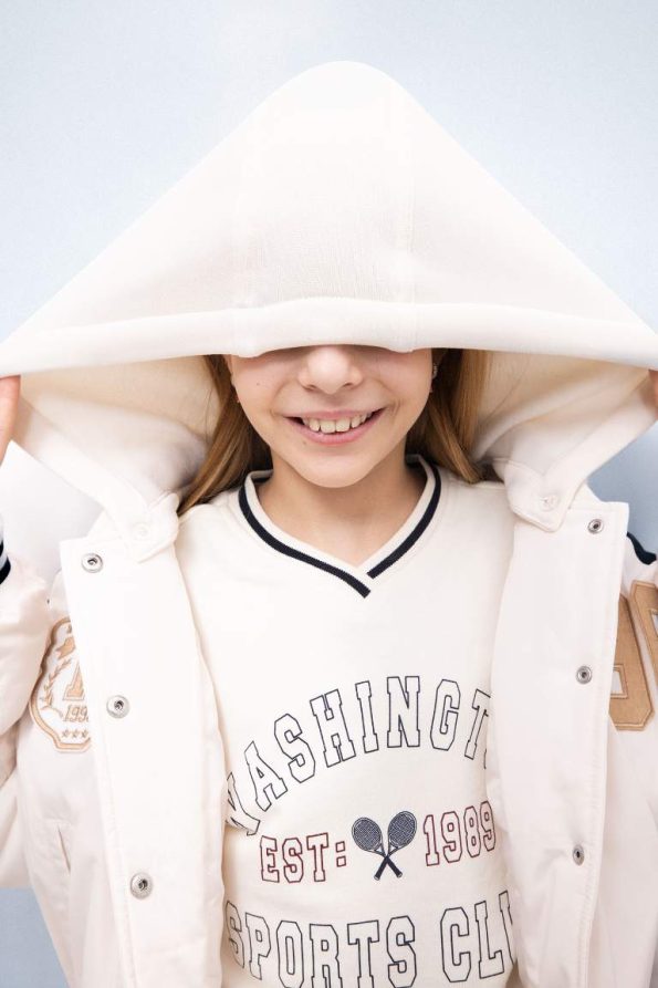 Girls' Water-Resistant Puffer Bomber Jacket with Hood and Embroidered Pockets