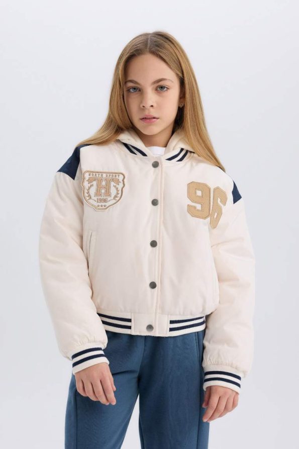 Girls' Water-Resistant Puffer Bomber Jacket with Hood and Embroidered Pockets