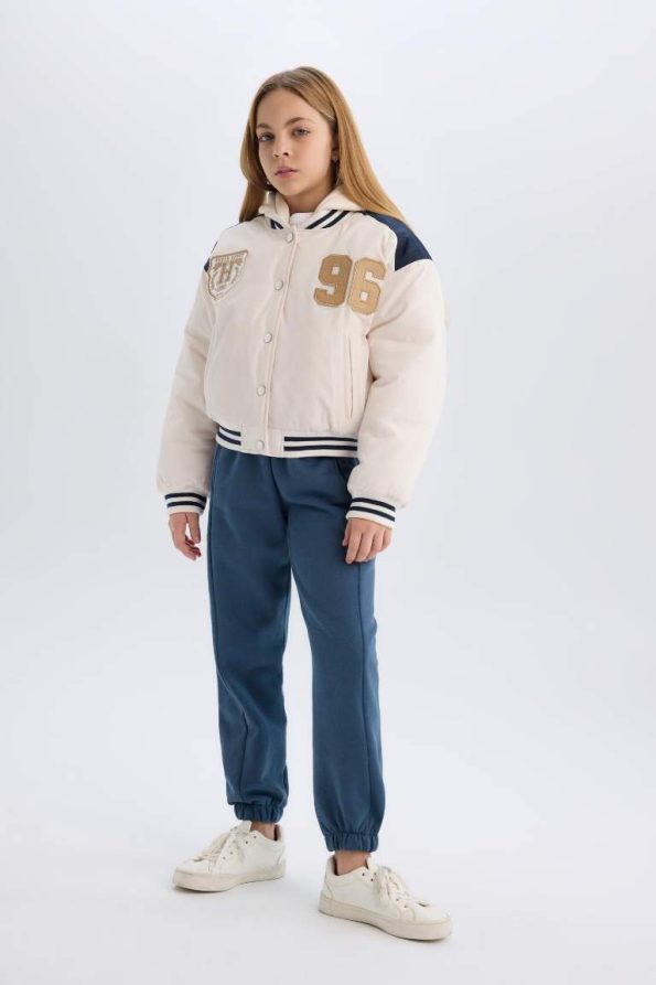 Girls' Water-Resistant Puffer Bomber Jacket with Hood and Embroidered Pockets