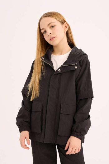 Girls' Water-Resistant Hooded Zip-Up Rain Jacket with Snap Pockets