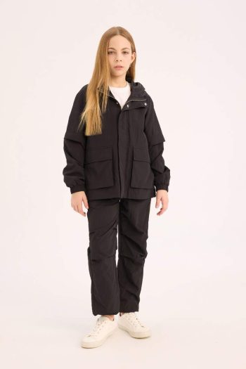 Girls' Water-Resistant Hooded Zip-Up Rain Jacket with Snap Pockets