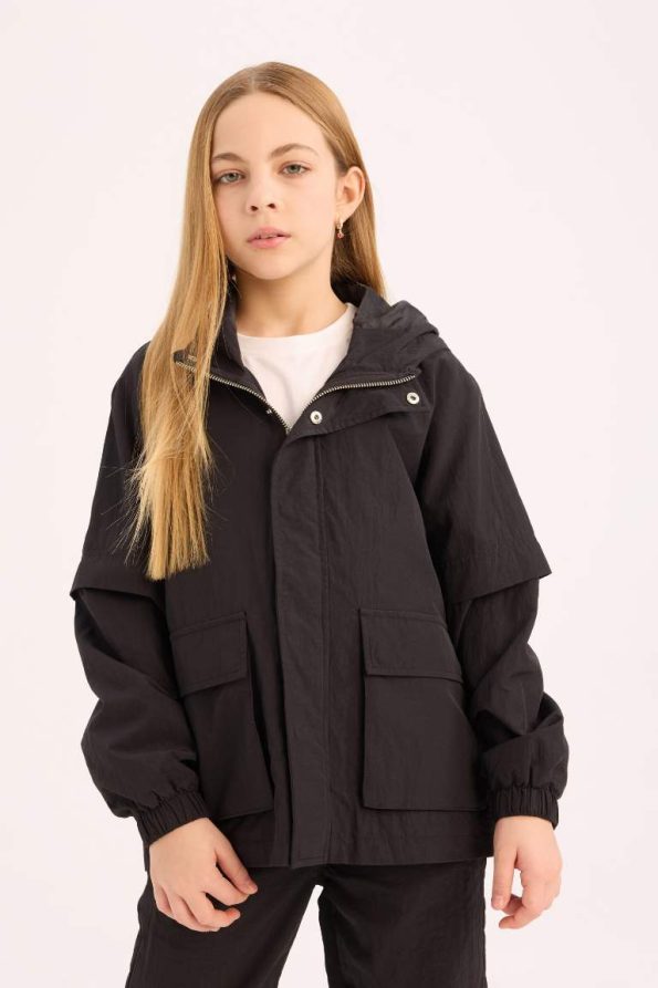 Girls' Water-Resistant Hooded Zip-Up Rain Jacket with Snap Pockets