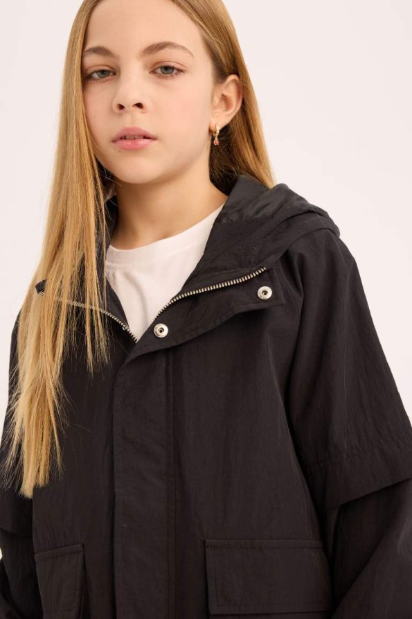 Girls' Water-Resistant Hooded Zip-Up Rain Jacket with Snap Pockets