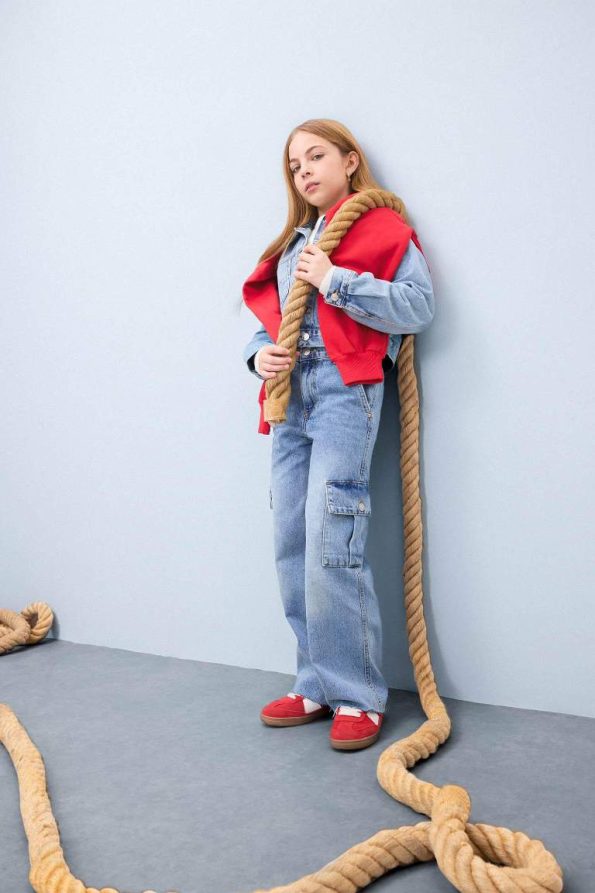Girls' Wide Leg Cargo Cotton Jeans