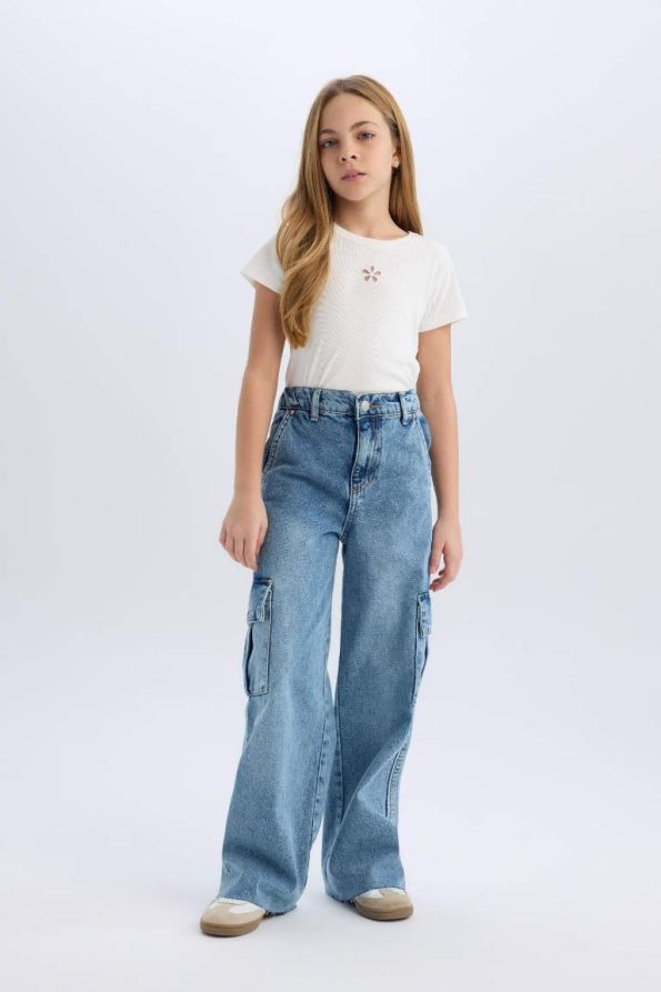 Girls' Wide Leg Cargo Cotton Jeans