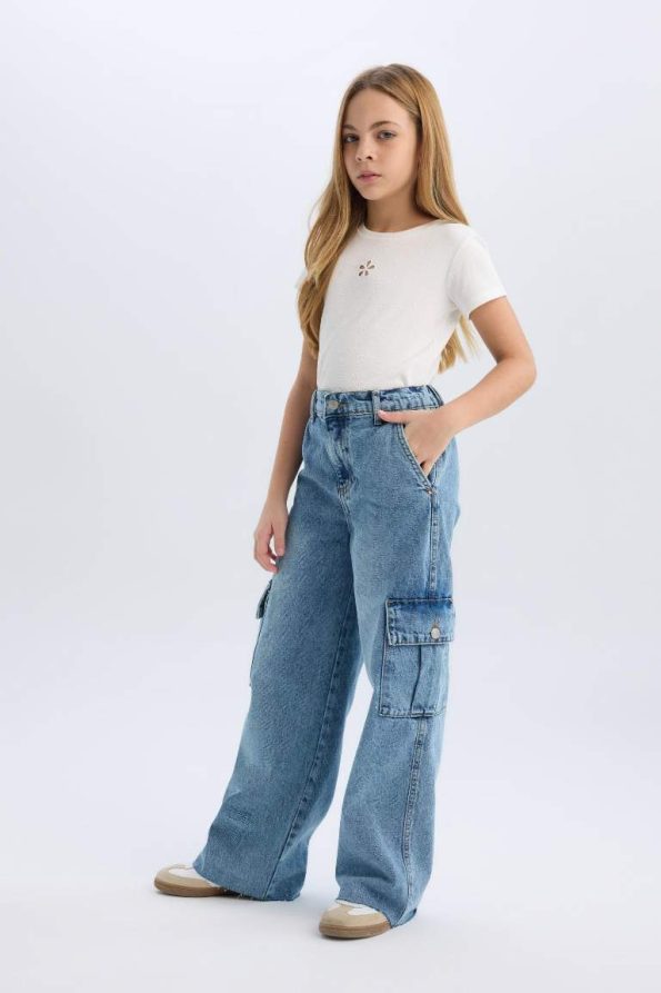 Girls' Wide Leg Cargo Cotton Jeans