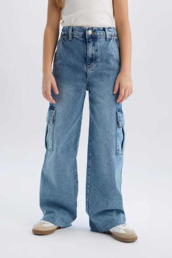 Girls' Wide Leg Cargo Cotton Jeans