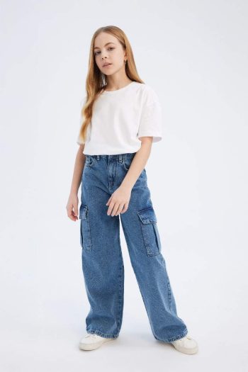 Girls' Wide Leg Cargo Cotton Jeans