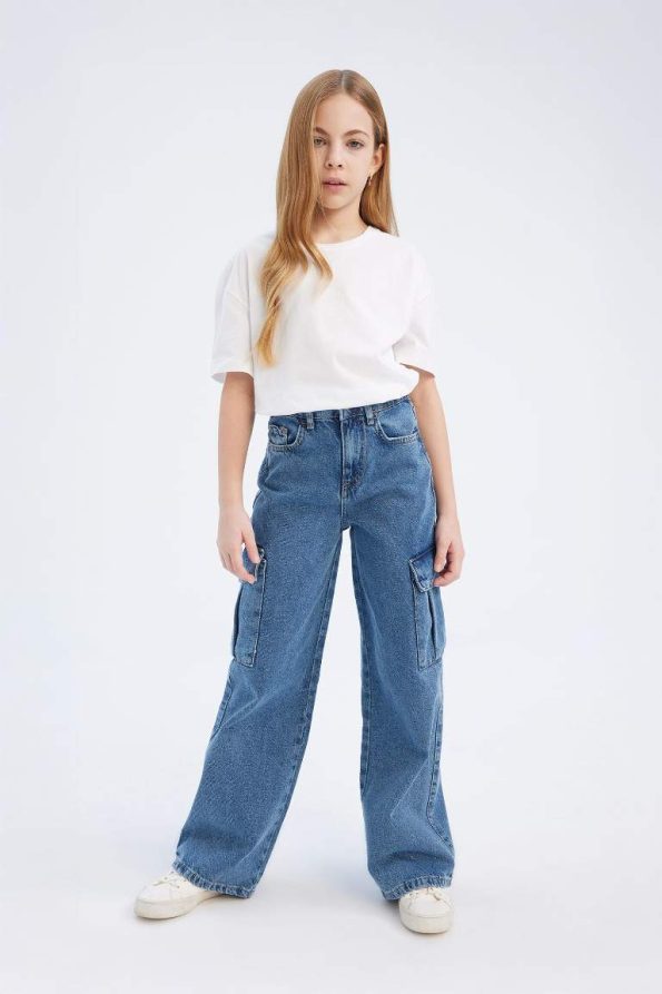 Girls' Wide Leg Cargo Cotton Jeans