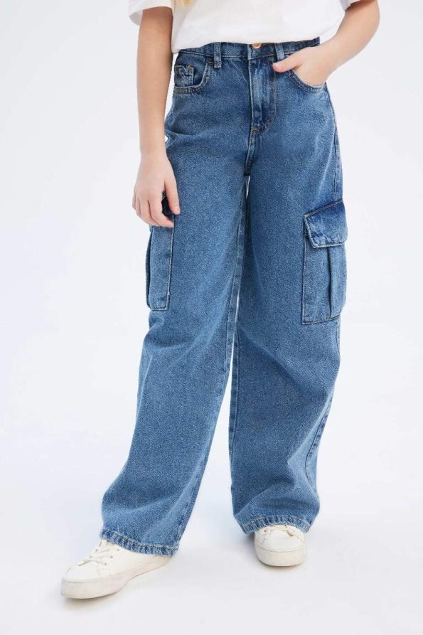 Girls' Wide Leg Cargo Cotton Jeans