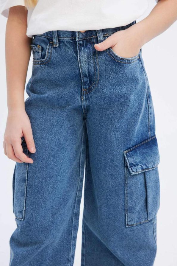 Girls' Wide Leg Cargo Cotton Jeans