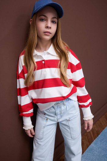 Girls' Relax Fit Striped Polo Neck Sweatshirt