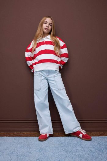 Girls' Relax Fit Striped Polo Neck Sweatshirt