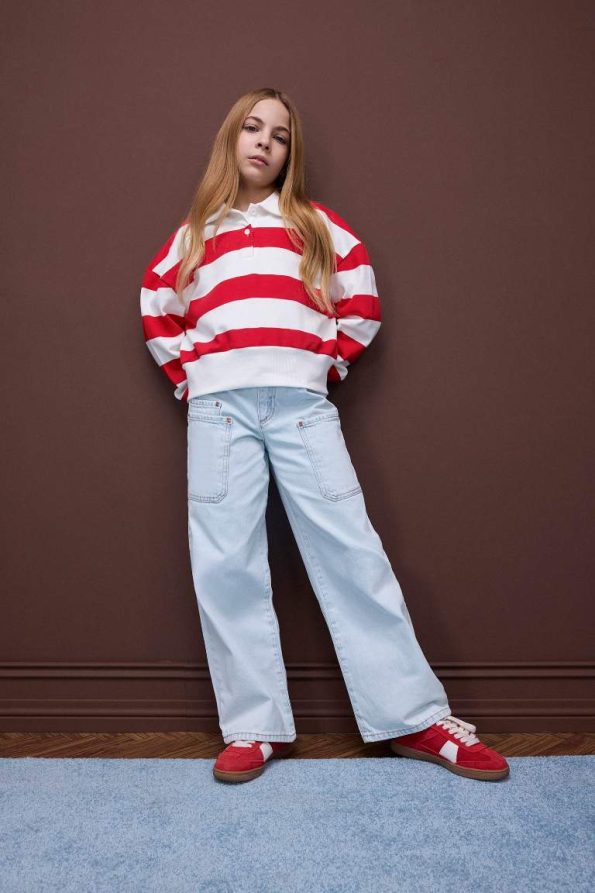 Girls' Relax Fit Striped Polo Neck Sweatshirt