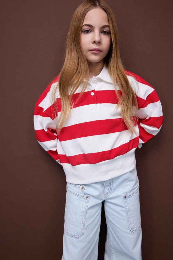 Girls' Relax Fit Striped Polo Neck Sweatshirt