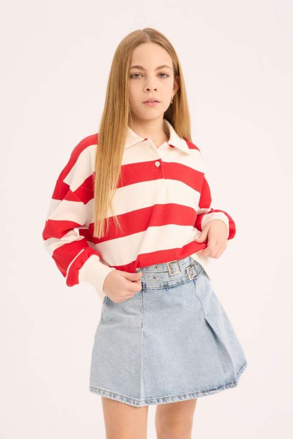 Girls' Relax Fit Striped Polo Neck Sweatshirt