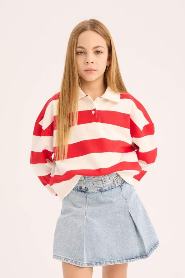 Girls' Relax Fit Striped Polo Neck Sweatshirt