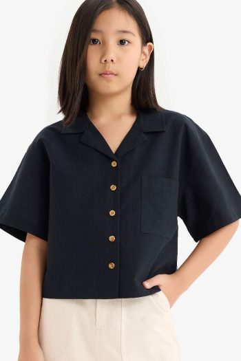 Girls' Cropped Fit Linen Short Sleeve Shirt