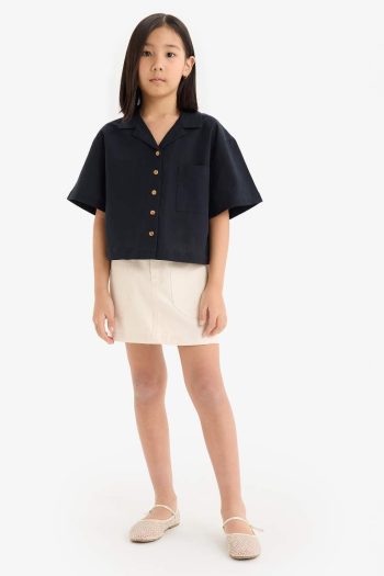 Girls' Cropped Fit Linen Short Sleeve Shirt