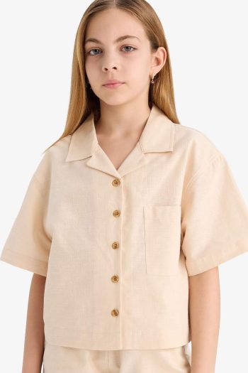 Girls' Cropped Fit Linen Short Sleeve Shirt