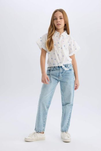 Girls' Crop Printed Tie-Detail Short Sleeve Shirt