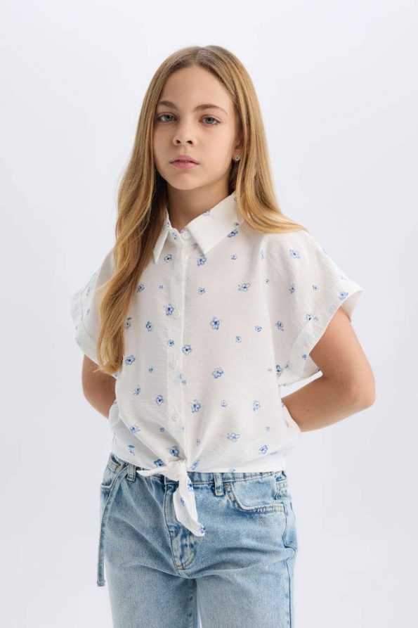 Girls' Crop Printed Tie-Detail Short Sleeve Shirt