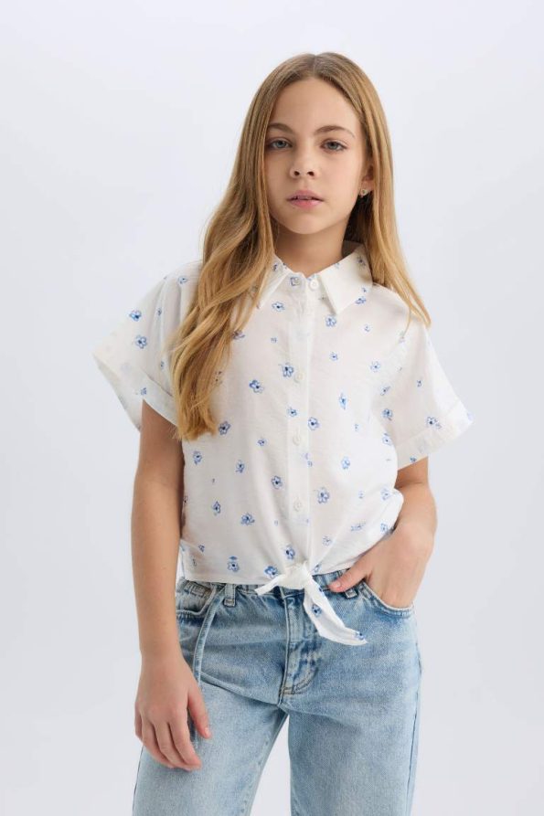 Girls' Crop Printed Tie-Detail Short Sleeve Shirt