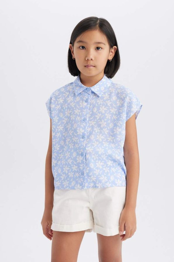 Girls' Floral Cotton Short Sleeve Crop Shirt