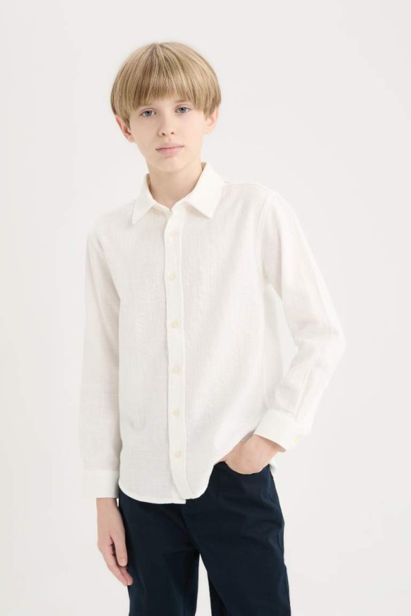 Boys' Long Sleeve Polo Collar Linen Look Shirt